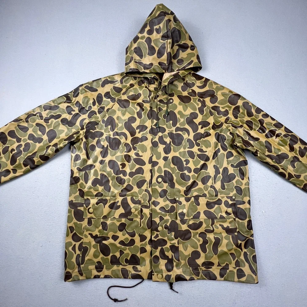 Unbranded Rain Jacket Mens XL Green Camo Duck Hunter Vintage Hooded Slicker Coat